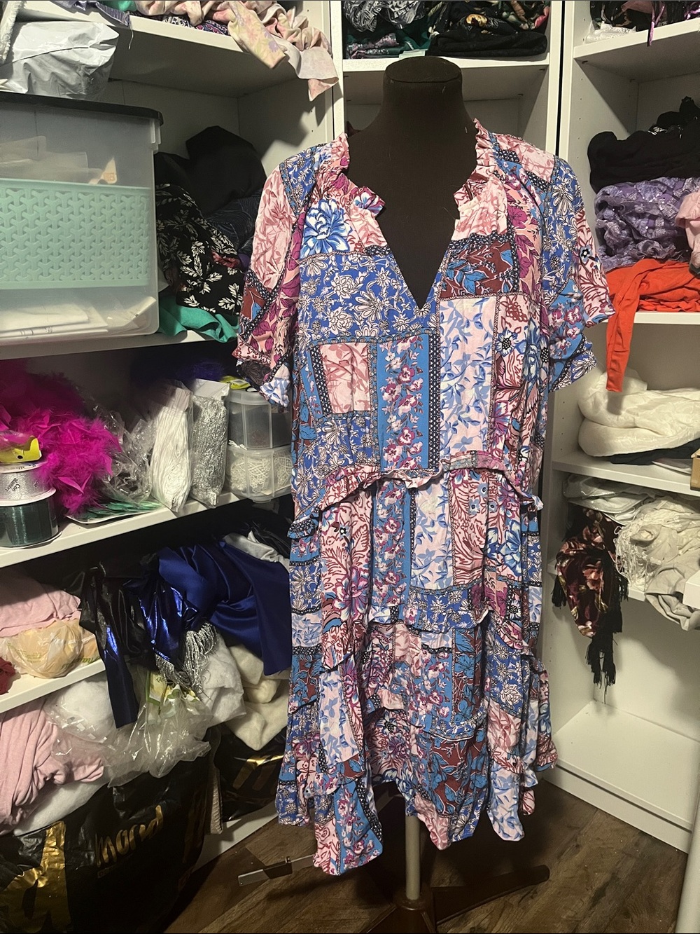 Anthropologie Boho Patchwork Floral Tiered Midi Dress in Pink & Blue